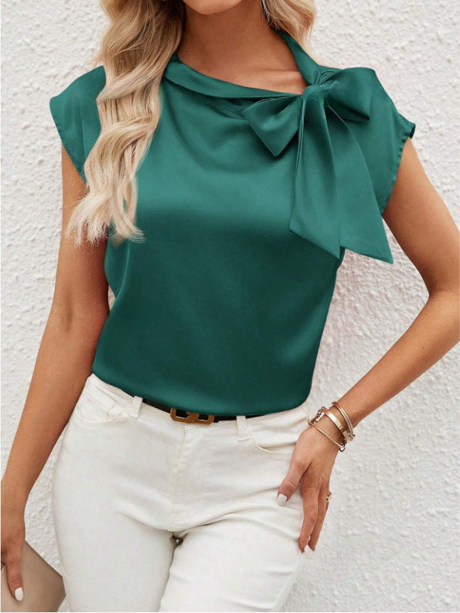 Half Open Collar Bow Satin Top Special Interest Design Satin Women Clothing T shirt