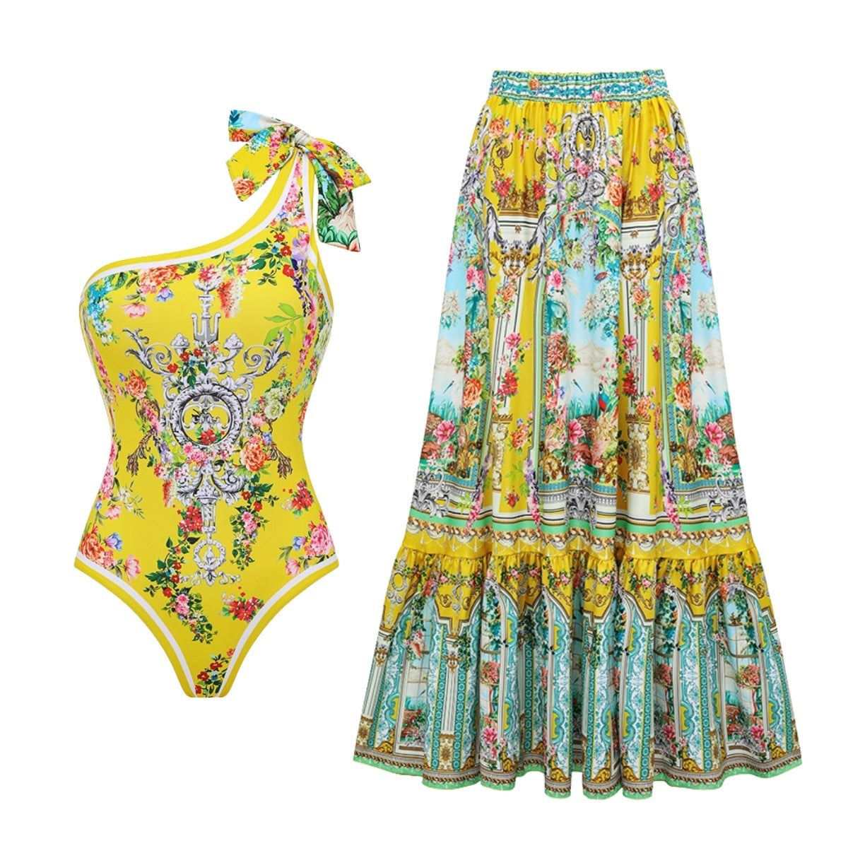 Swimsuit Bright Yellow Garden Print Vacation Swimsuit Women Long Skirt