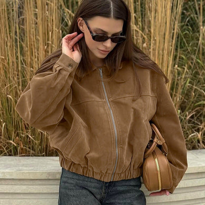 Autumn Winter Retro British Leather Coat Women Loose Zip Suede Fabric Jacket