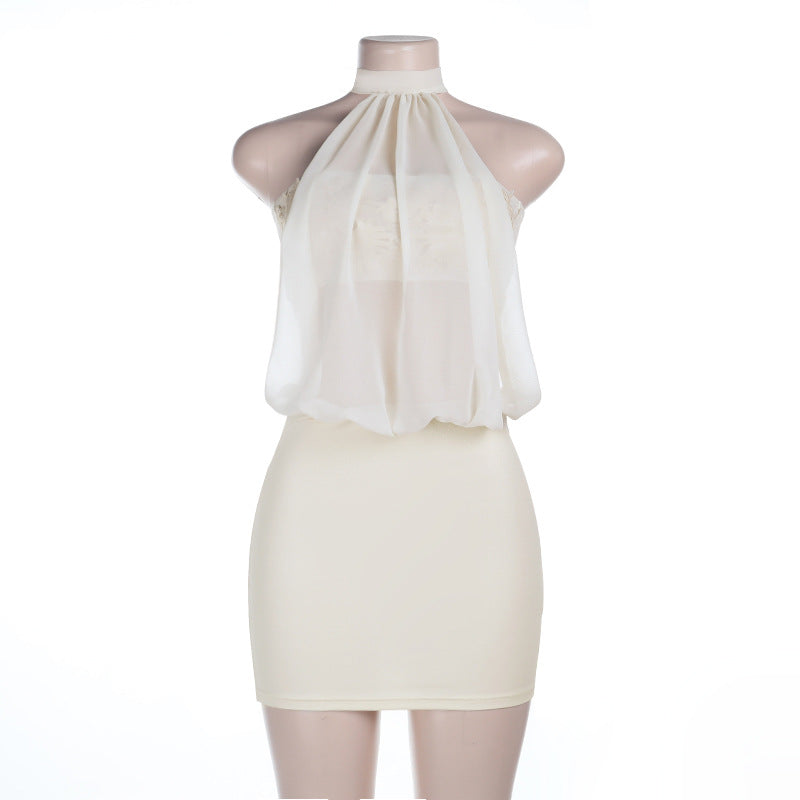 Sexy Mesh See through Stitching Spring Sleeveless Halter Hip Dress
