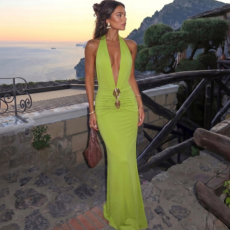 Spring Summer Sexy Deep V Plunge neck Backless Halter Solid Color Fishtail Elegant Dress