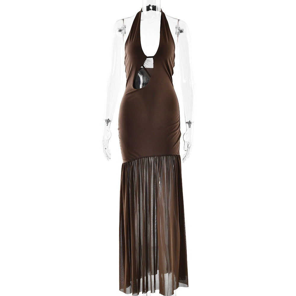 Women Dress Elegant Halter Sexy Cutout Pleated Backless Sheath Dress