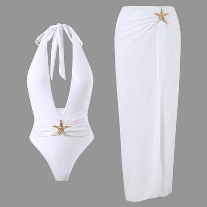 Solid Color One Piece Split Maxi Dress Mesh Halter Sexy Summer Bikini