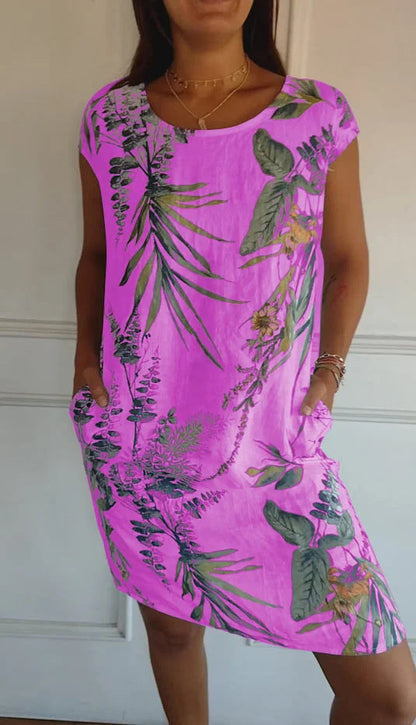 Women Clothing Summer Cotton Linen round Neck Printed with Pocket