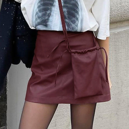 Retro Classic Wine Red Fleece lined Matte Leather Special High Waist Niche Skirt Fall Winter Skirt