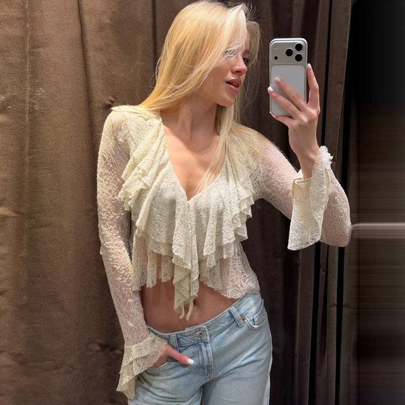 Women Clothing Summer Pure Sexy V neck Lace See through Flare Sleeve T shirt Top