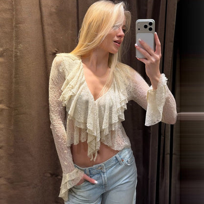 Women Clothing Summer Pure Sexy V neck Lace See through Flare Sleeve T shirt Top