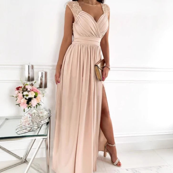 Women Clothing Sleeveless Backless Solid Color Wide Hem Split Women Clothing Dress