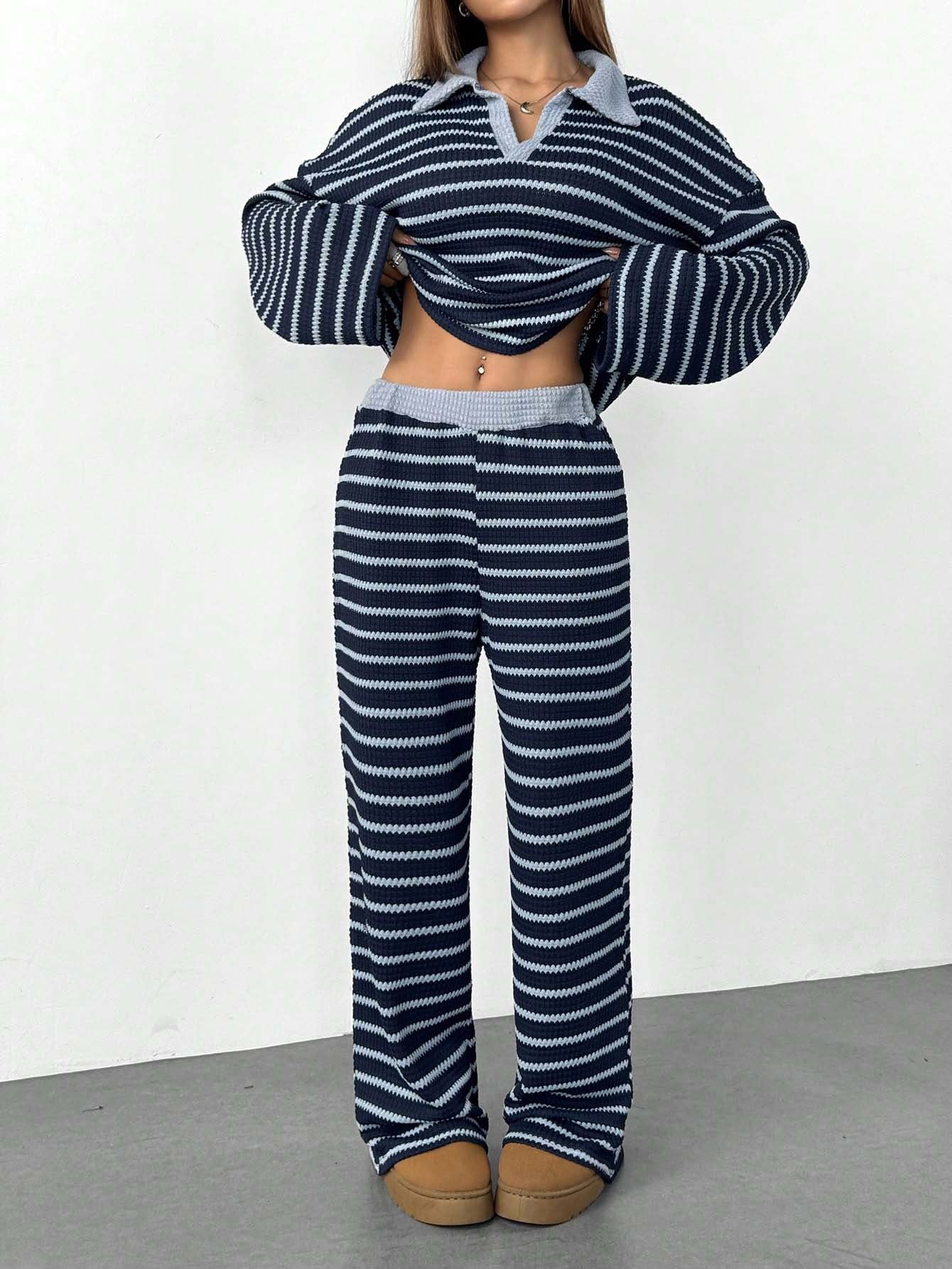 Striped Knitted Contrast Color Lapels V neck Long Sleeved Top Casual Two Piece Sets