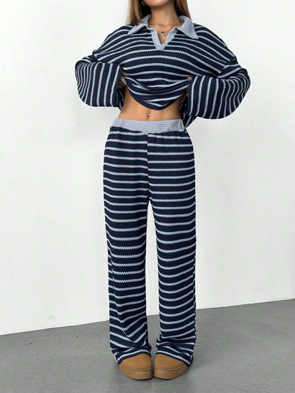 Striped Knitted Contrast Color Lapels V neck Long Sleeved Top Casual Two Piece Sets