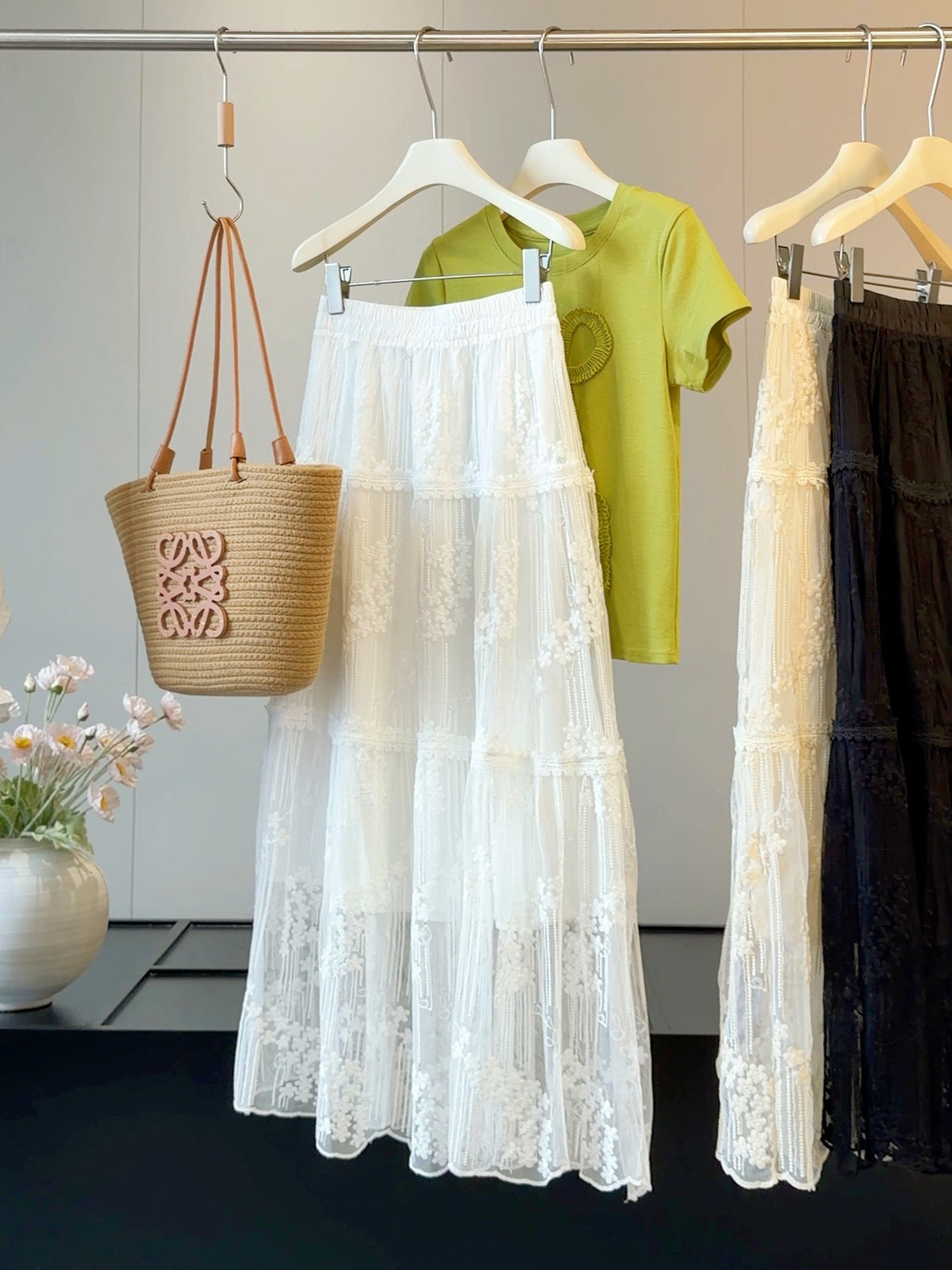 Gentle Three Dimensional Floral Lace Skirt Women Summer Elastic High Waist Hollow Out Cutout out Mesh Large Swing