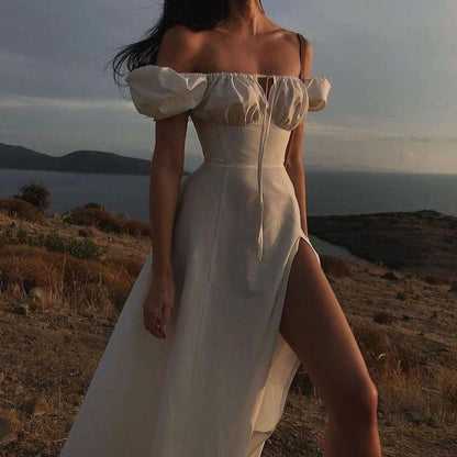 Summer French Dress Women Clothing Puff Sleeve Lace Up Slim Fit Dress