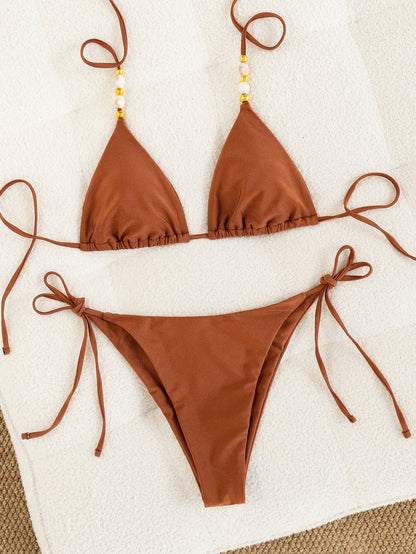 Triangle Cup Bikini Solid Color Beaded Lace up Sexy Bikini Split Swimsuit Swimwear Women
