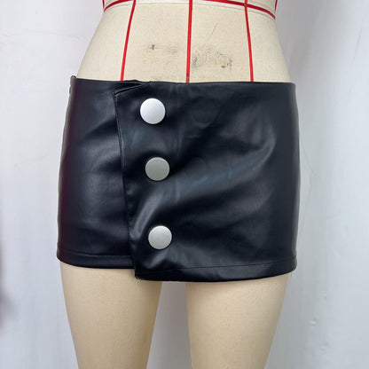 Sexy Cool Hip Skirt Large Button Design Irregular Asymmetric Stitching Design Faux Leather Short Skirt