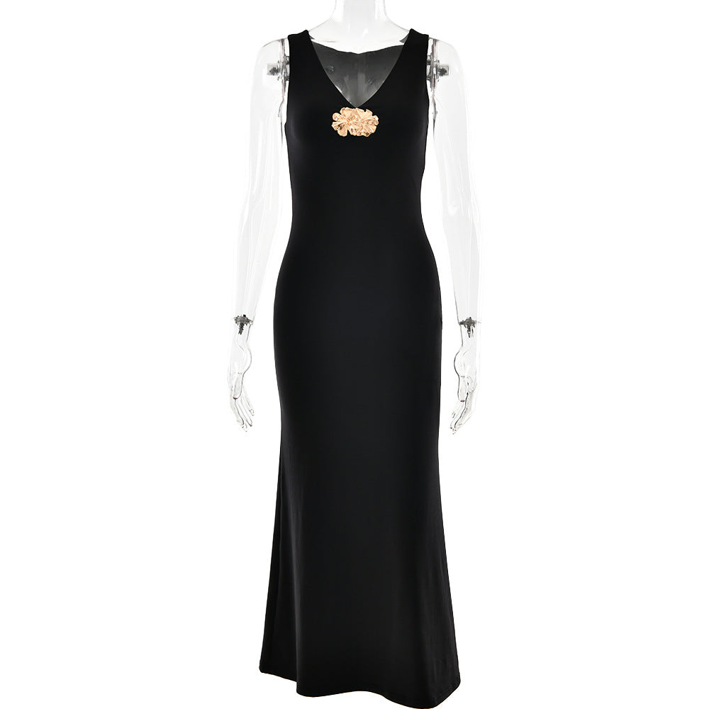 Spring Summer Solid Color Dress Sexy V neck Sheath Dress