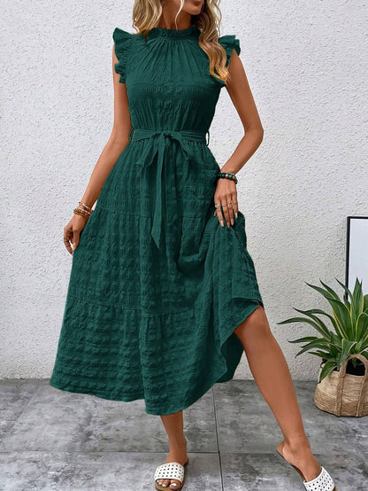 Women Clothing Summer Fashionable Stringy Selvedge Flying Sleeves Lace Up Texture Dress