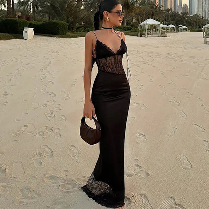 Spring Women Clothing Slim Fit Tied Low Collar Sexy Mesh Stitching Lace Dress Women