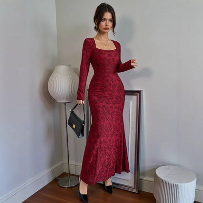 Spring Dress Elegant Slim Fit Square Collar Lace Long Sleeve Dress