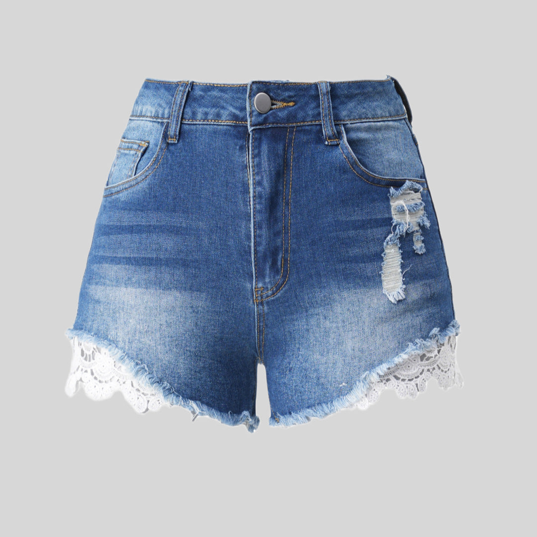 High Waist Slimming Denim Shorts Women Summer Ripped Frayed Lace Edge Pants Fashionable All Matching Shorts