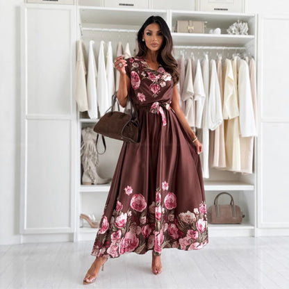 Summer Women Positioning Floral Lace up Waist Maxi Dress Supply