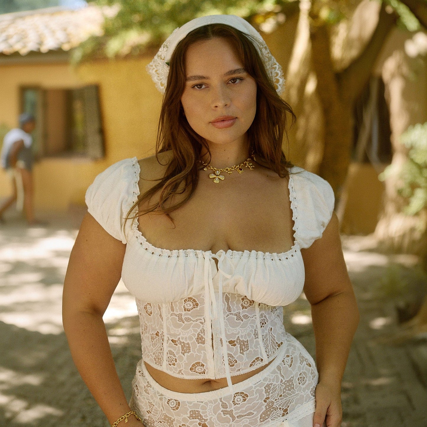 Spring Lace Stitching Lace Waist Controlled Top Women High Waist Sexy Lace up Skirt Beach Vacation Set