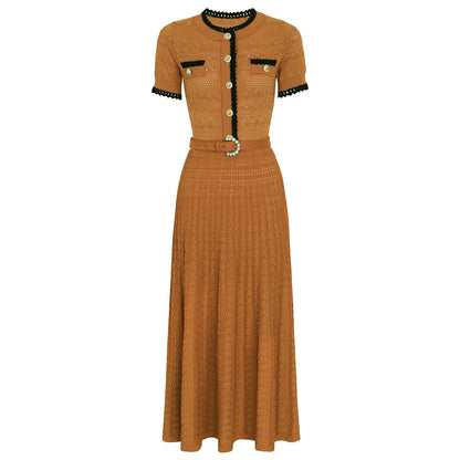 Summer Ladies Internet Popular Slim Fitting Figure Flattering Belt Short Sleeve Long Pattern Dress Women