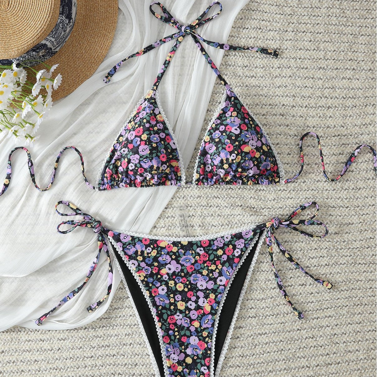 French Floral Sexy Lace up Bikini Swimsuit