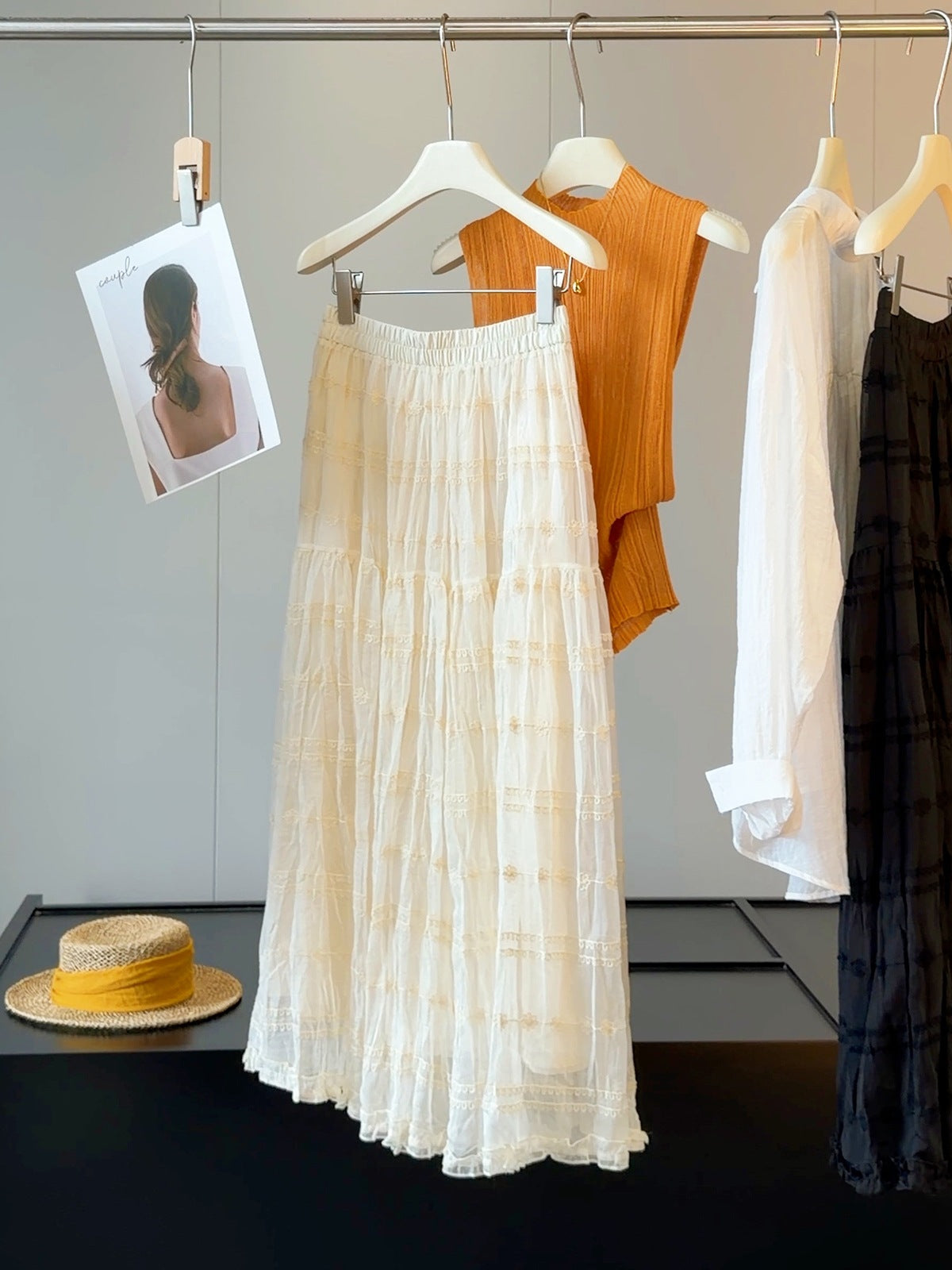 French Wooden Ear Embroidery Mesh Women Summer Elegant Slimming A line Mid Length Tiered Skirt