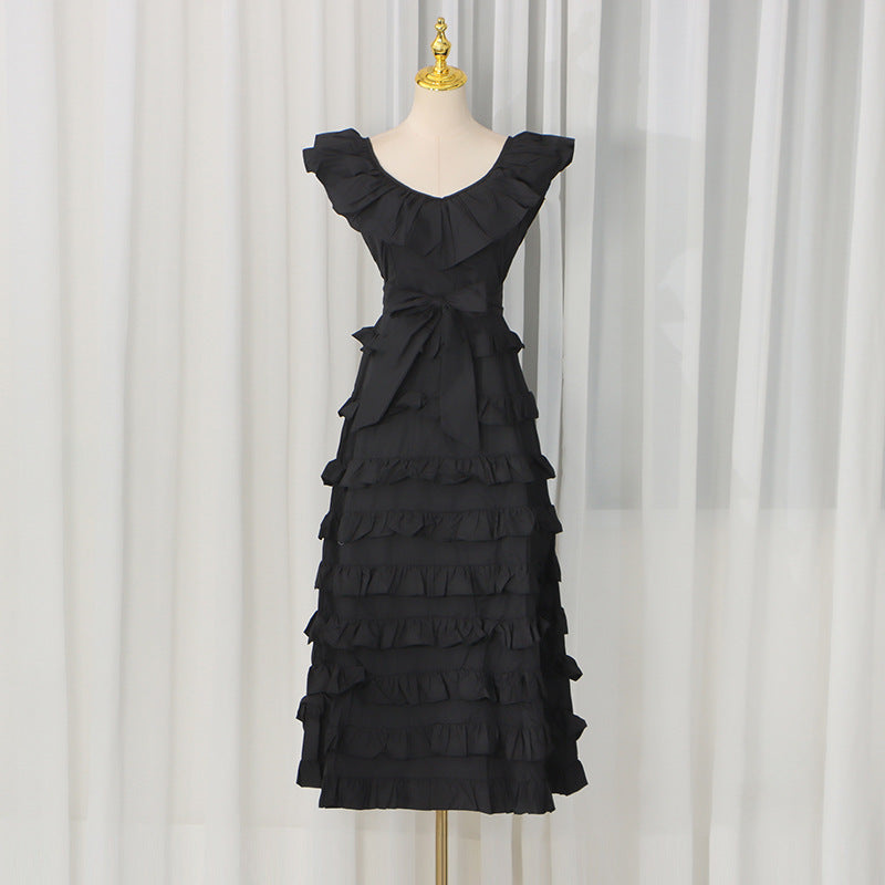Summer Elegant Retro Flying Sleeves V neck Waist Controlled Slimming Solid Color Tiered Dress Women