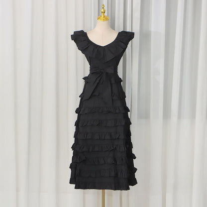 Summer Elegant Retro Flying Sleeves V neck Waist Controlled Slimming Solid Color Tiered Dress Women