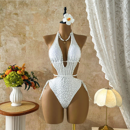Sexy Leopard Print Lace up Cutout Swimsuit Swimsuit Bikini