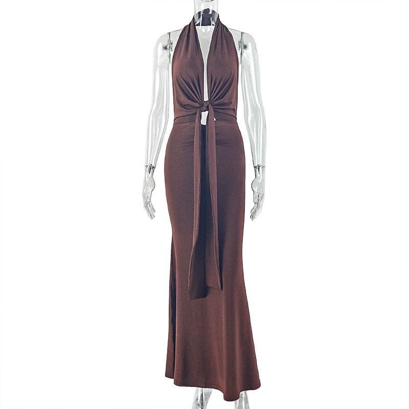 Women Clothing Fitted Waist Pleated Lace-up Hip Skirt Halter Sexy Backless Home Comfortable Maxi Dress