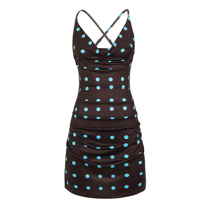 Women Clothing Sexy Polka Dot Swing Collar Cross Strap Backless Dress Retro Dress
