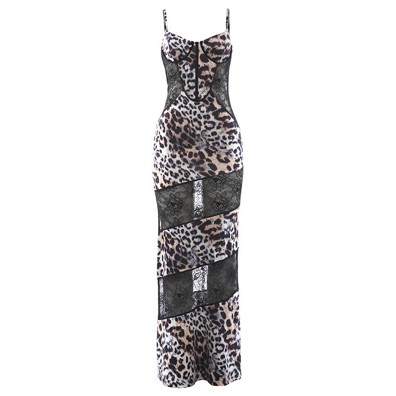 Spring Women Clothing Suspenders Leopard Print Lace Stitching Sexy See through Dress