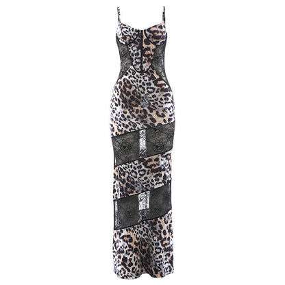 Spring Women Clothing Suspenders Leopard Print Lace Stitching Sexy See through Dress