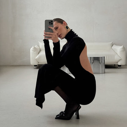 Spring Elegant Black Sexy Backless Knitted Slim Fit Long Sleeved Turtleneck Dress for Women