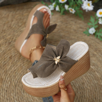 Metal Buckle Suede Toe Covering Wedge Slippers Women Bow Platform Muffin Beach Sandals