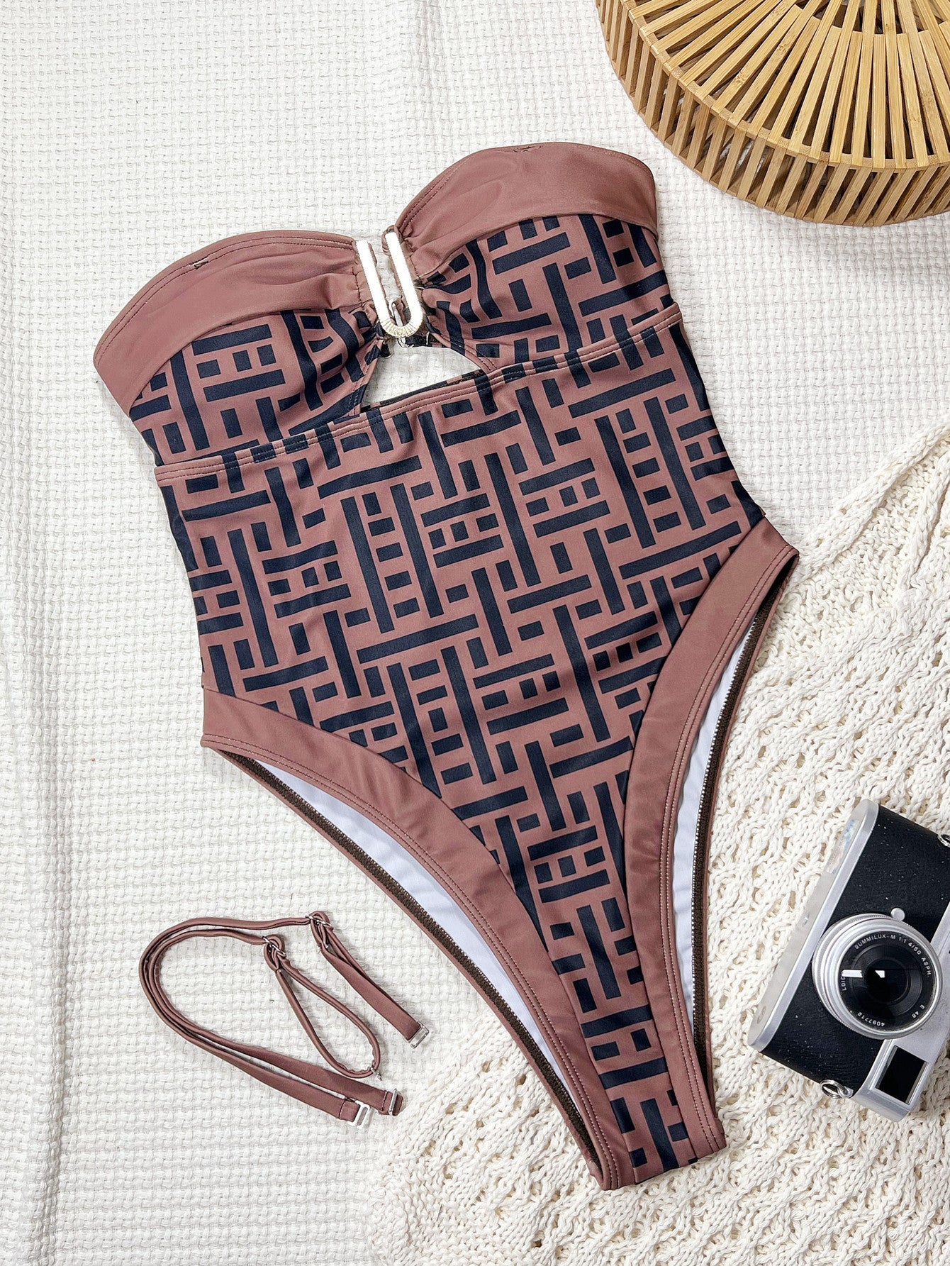 Swimsuit Women Sexy Print V neck Backless Strap Sexy Siamese Bikini Swimsuit