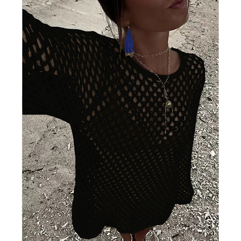 Knitted Hollow Out Cutout Sexy Sun Protection Shirt Bikini Cover-up Women Swimsuit Blouse Vacation Beach Outer Pullover