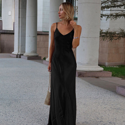 Fall Maxi Dress Socialite Sexy V neck Backless Satin Strap Dress