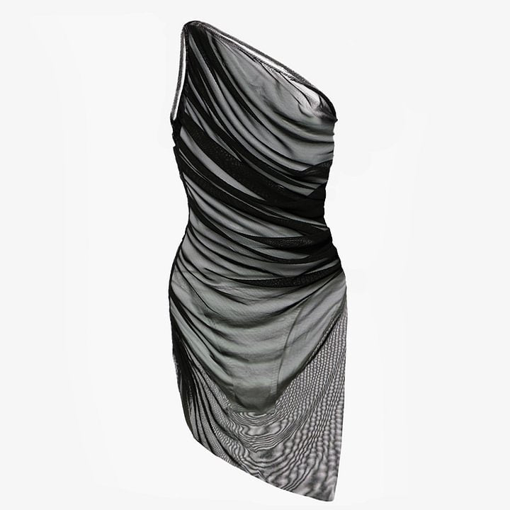 One Shoulder Mesh Pleats Slimming One Piece Swimsuit Women