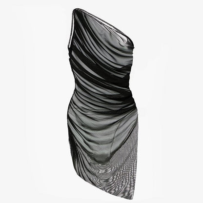 One Shoulder Mesh Pleats Slimming One Piece Swimsuit Women