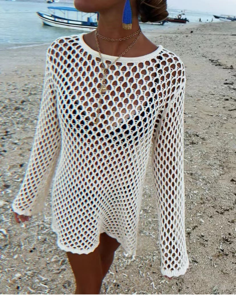 Knitted Hollow Out Cutout Sexy Sun Protection Shirt Bikini Cover-up Women Swimsuit Blouse Vacation Beach Outer Pullover