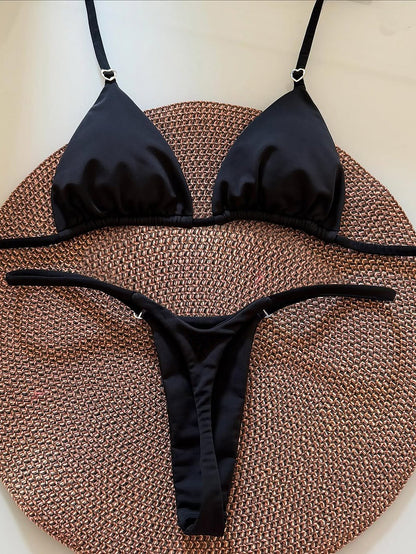 Ladies Split Solid Color Love Heart Decorative Buckle T Back Bikini Swimsuit Bikini