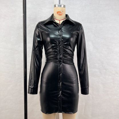 Autumn Winter Women Pleated Slim Single Breasted Long Sleeve Dress