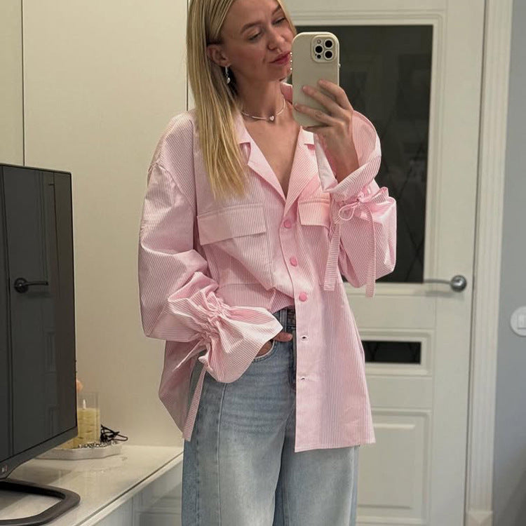 Fashionable Striped Office French Shirt for Women Spring Autumn Printing Collared Bell Sleeve Loose Pockets Shirt