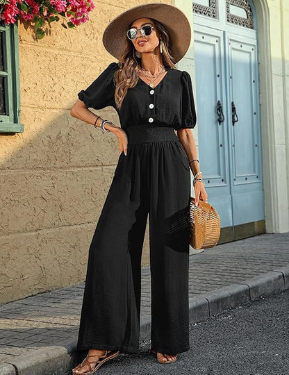 Women Wear Elegant Short Sleeve Collared Waist Tight Jumpsuit Wide Leg Loose Jumpsuit