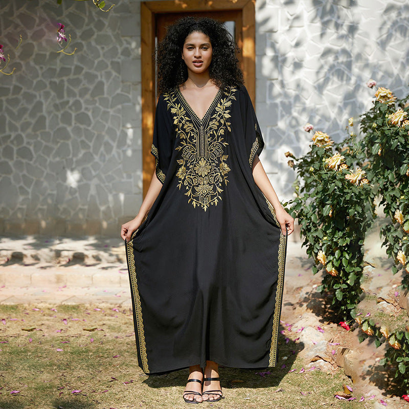 Embroidered Holiday Maxi Dress Seaside Beach Cover up Casual Dress Beach Cover Up Women