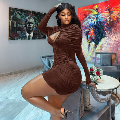 Design Trendy Women Clothing Sexy Cutout Hip Slim Fit Turtleneck Long Sleeve Western Short Dress