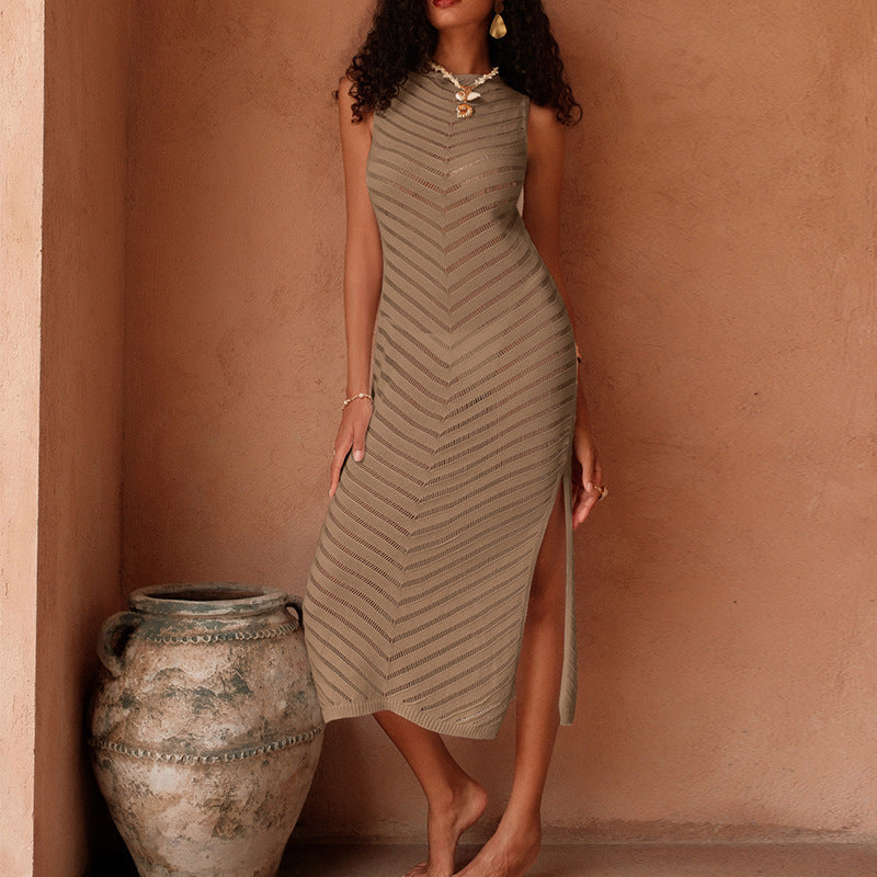 Sexy Hollow Out Cutout out Knitted Fitted Waist Slim Sleeveless Side Slit Dress Vacation Dress Swimsuit Blouse